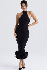 High Neck Sleeveless Bodycon Ruffle Cocktail Party Midi Dress - Black