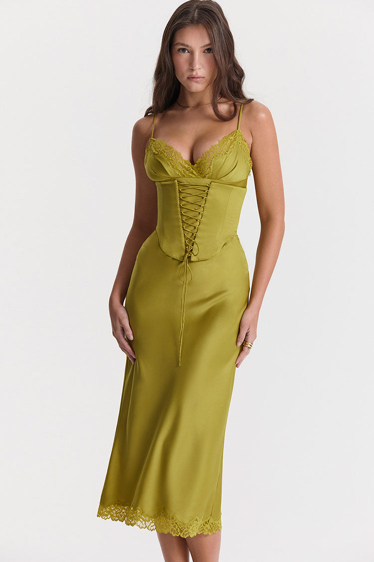 Party Lace Up Belt V Neck Lace Satin Slip Midi Dress - Chartreuse