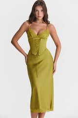 Party Lace Up Belt V Neck Lace Satin Slip Midi Dress - Chartreuse