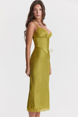 Party Lace Up Belt V Neck Lace Satin Slip Midi Dress - Chartreuse