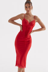 Party Lace Up Belt V Neck Lace Satin Slip Midi Dress - Red