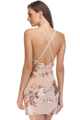 Scalloped Deep V High Split Sequin Lace Fitted Club Mini Dress - Apricot