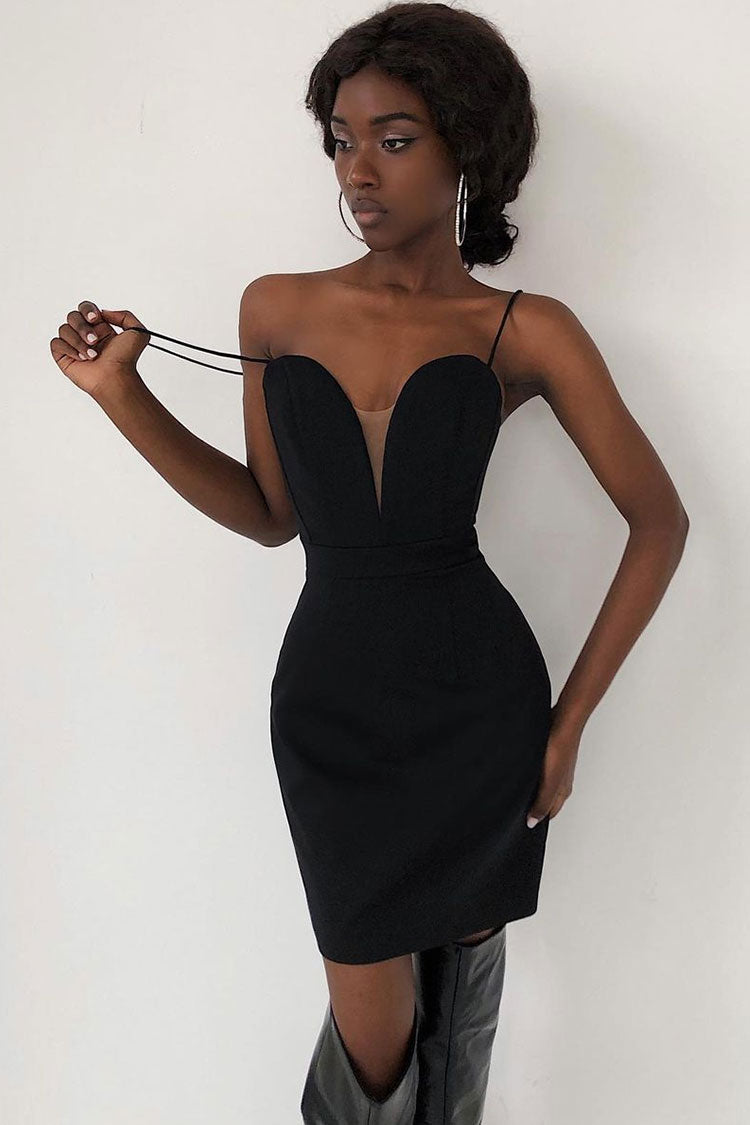 Sweetheart Deep V Sleeveless Bodycon Bandage Mini Dress - Black