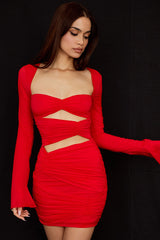 Sweetheart Long Sleeve Ruched Cutout Club Mini Dress - Red