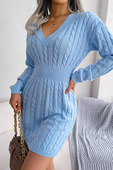 V Neck Winter Fisherman Cable Knit Sweater Mini Dress - Blue