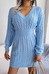 V Neck Winter Fisherman Cable Knit Sweater Mini Dress - Blue