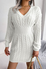 V Neck Winter Fisherman Cable Knit Sweater Mini Dress - White