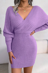 Winter Wrap V Neck Rib Knit Sweater Mini Dress - Purple