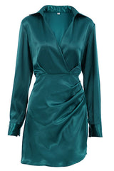 Silky Collared V Neck Ruched Wrap Trim Long Sleeve Mini Dress - Emerald Green