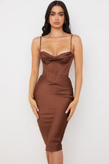 Silky Cowl Neck Corset Satin Midi Cocktail Dress - Coffee