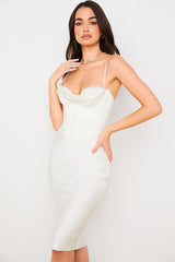 Silky Cowl Neck Corset Satin Midi Cocktail Dress - White