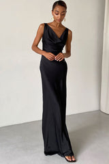 Silky Cowl Neck Sleeveless Satin Fishtail Evening Maxi Dress - Black