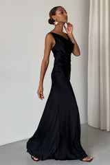 Silky Cowl Neck Sleeveless Satin Fishtail Evening Maxi Dress - Black