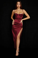 Silky Satin Bustier High Slit Cocktail Party Midi Dress - Red