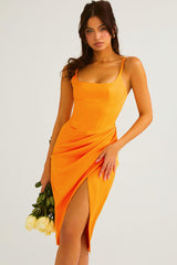 Silky Satin Front Slit Slip Cocktail Party Midi Dress - Burnt Orange