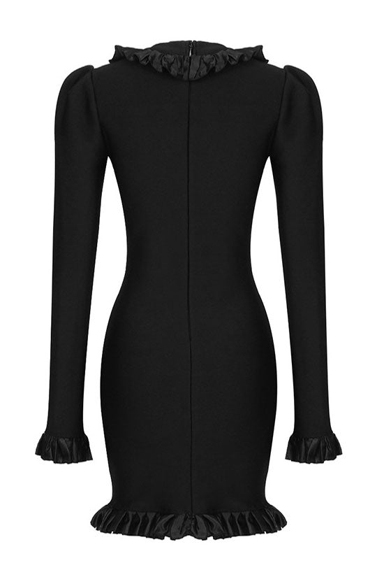 Silky Satin Pleated Trim Long Sleeve Bodycon Bandage Mini Dress - Black