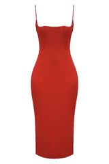 Silky Satin Square Neck Cami Slip Cocktail Party Midi Dress - Red