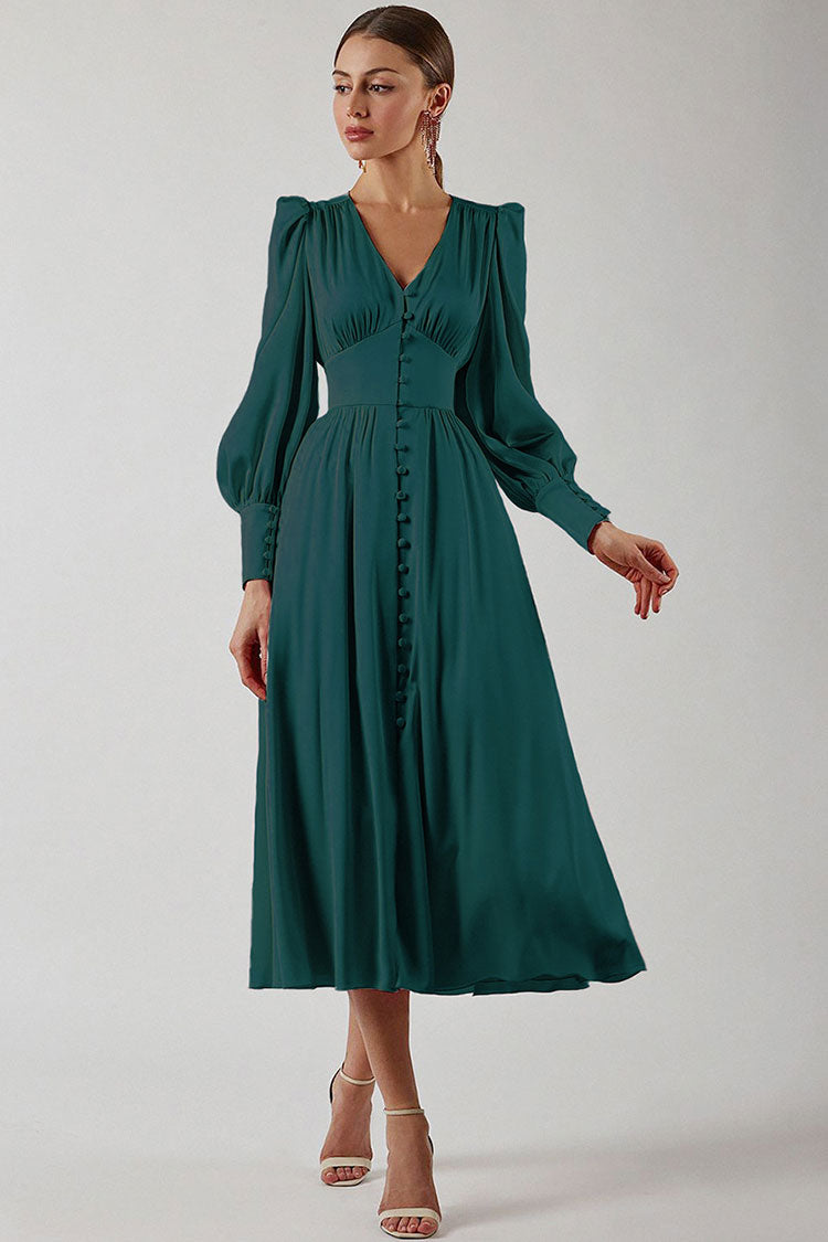 Silky Satin V Neck Puff Sleeve Button Up French Shirt Midi Dress - Dark Green