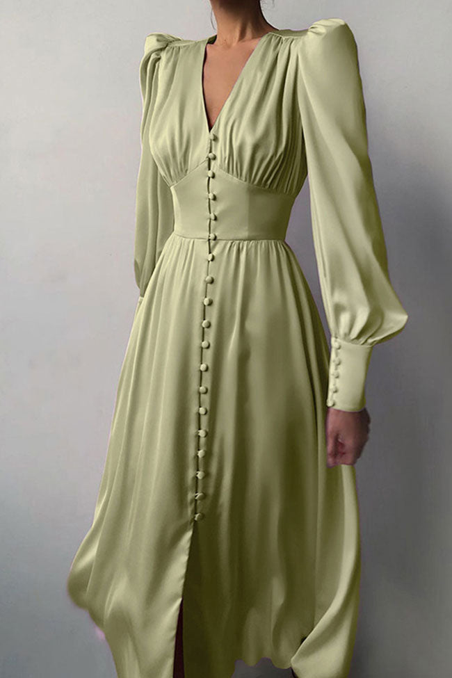 Silky Satin V Neck Puff Sleeve Button Up French Shirt Midi Dress - Green