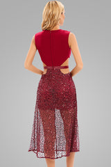 Sparkly Deep V Sequin Embellished Cutout Cocktail Midi Dress - Burgundy