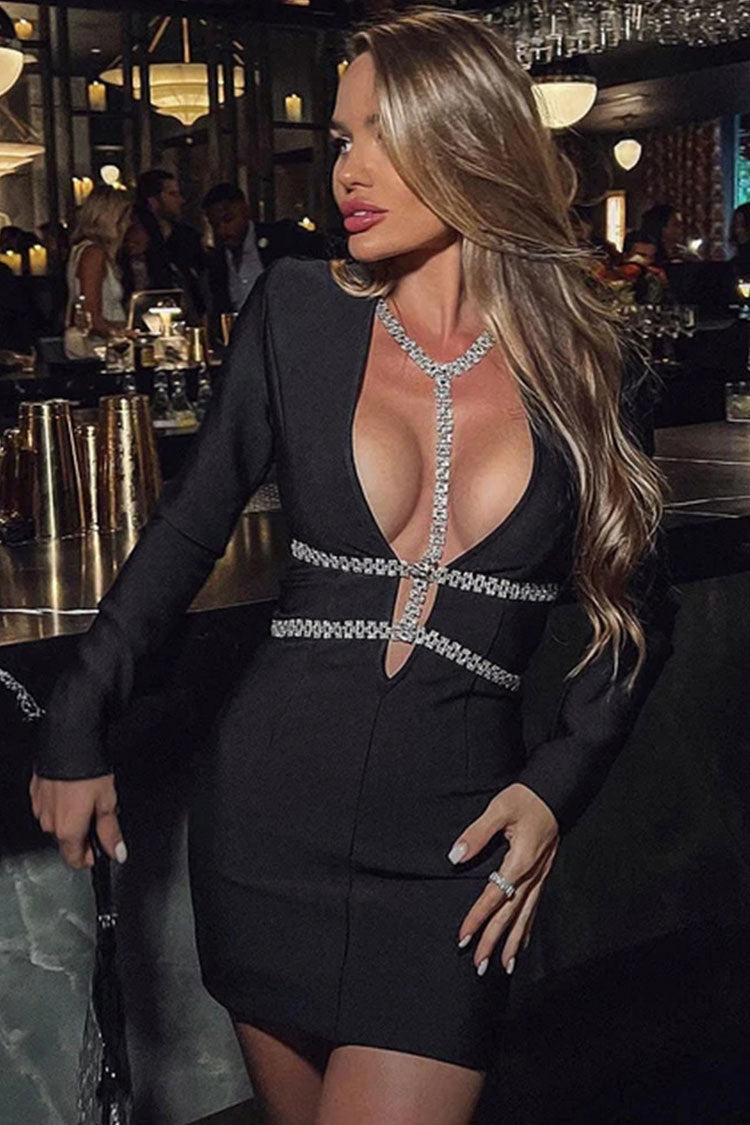 Sparkly Rhinestone Bandage Deep V Long Sleeve Cocktail Mini Dress - Black