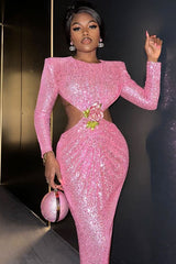 Sparkly Rhinestone Flower Puff Sleeve Cut Out Sequin Maxi Dress - Pink