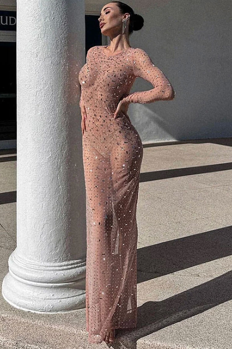 Sparkly Rhinestone Round Neck Long Sleeve Split Sheer Mesh Maxi Dress - Pink