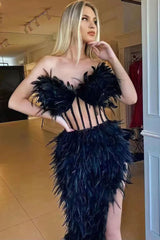 Sparkly Rhinestone Strapless Corset Feather Midi Dress - Black