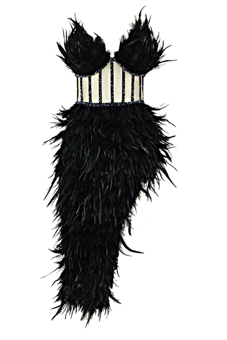 Sparkly Rhinestone Strapless Corset Feather Midi Dress - Black