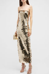 Sparkly Square Neck Spaghetti Strap Bodycon Sequin Cocktail Midi Dress - Gold