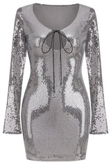 Sparkly Tie Neck Split Sleeve Bodycon Sequin Party Mini Dress - Black Gray