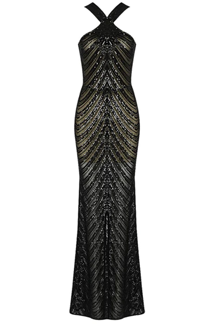 Sparkly V Neck Semi Sheer Sequin Mermaid Maxi Formal Dress - Black