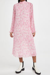 Sweet Tie Dye High Neck Long Sleeve Pleated Midi Dress - Pink