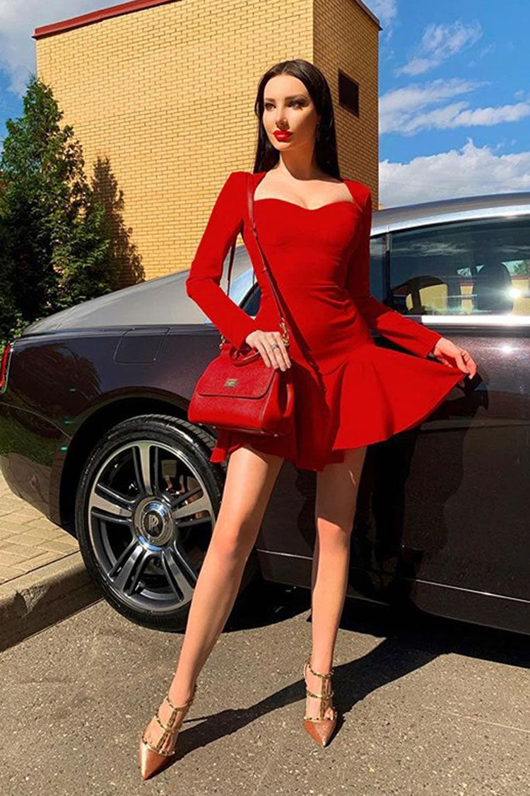 Sweetheart Long Sleeve Winter Ruffle Bandage Knit Mini Dress - Red