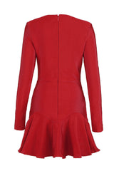 Sweetheart Long Sleeve Winter Ruffle Bandage Knit Mini Dress - Red