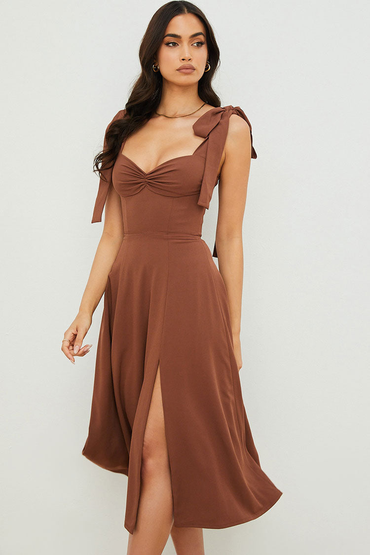 Tie Strap Fit & Flare High Slit Slip Midi Dress - Chocolate – Lady Occasions