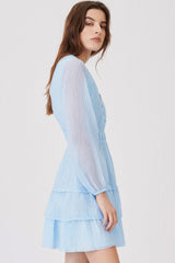 Tiered Ruffle Long Sleeve French Pleated Mini Dress - Light Blue