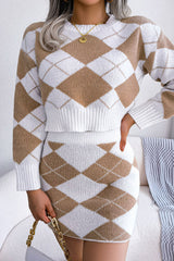 Two Tone Argyle Knit Cropped Sweater Mini Skirt Two Piece Dress - Khaki