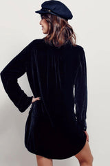 Vintage Collared V Neck Long Sleeve Velvet Mini Dress - Black