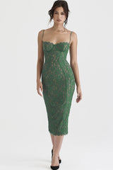 Vintage Eyelash Sweetheart Bodycon Lace Cocktail Midi Dress - Green