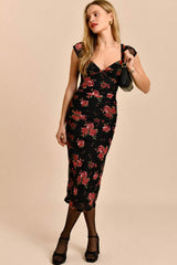 Vintage Floral Printed Cap Sleeve Mesh Ruched Bodycon Midi Dress - Black