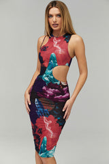 Vintage Printed Sleeveless Bodycon Cutout Midi Dress - Multicolor