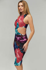 Vintage Printed Sleeveless Bodycon Cutout Midi Dress - Multicolor