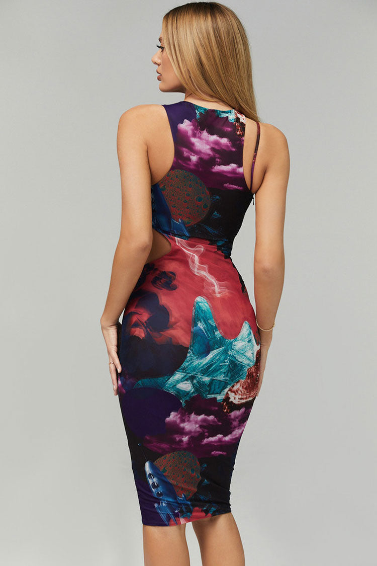 Vintage Printed Sleeveless Bodycon Cutout Midi Dress - Multicolor