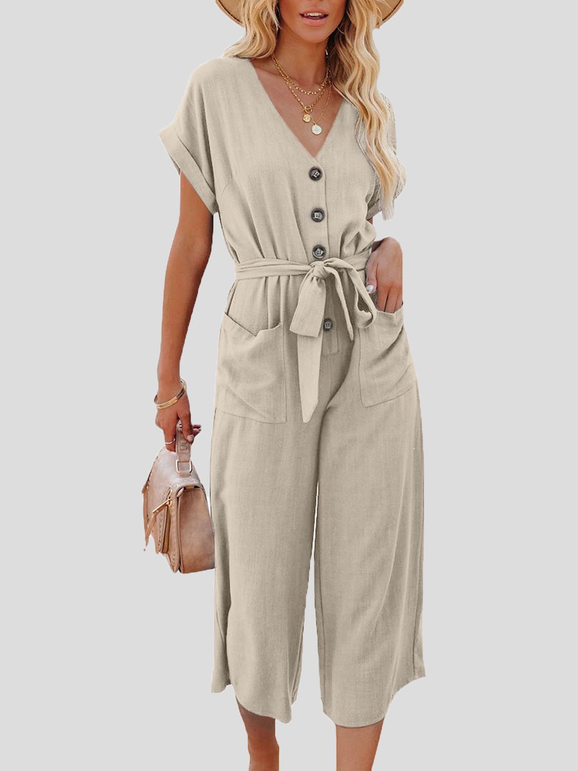 Casual V-Neck Belted Double Pocket Jumpsuit