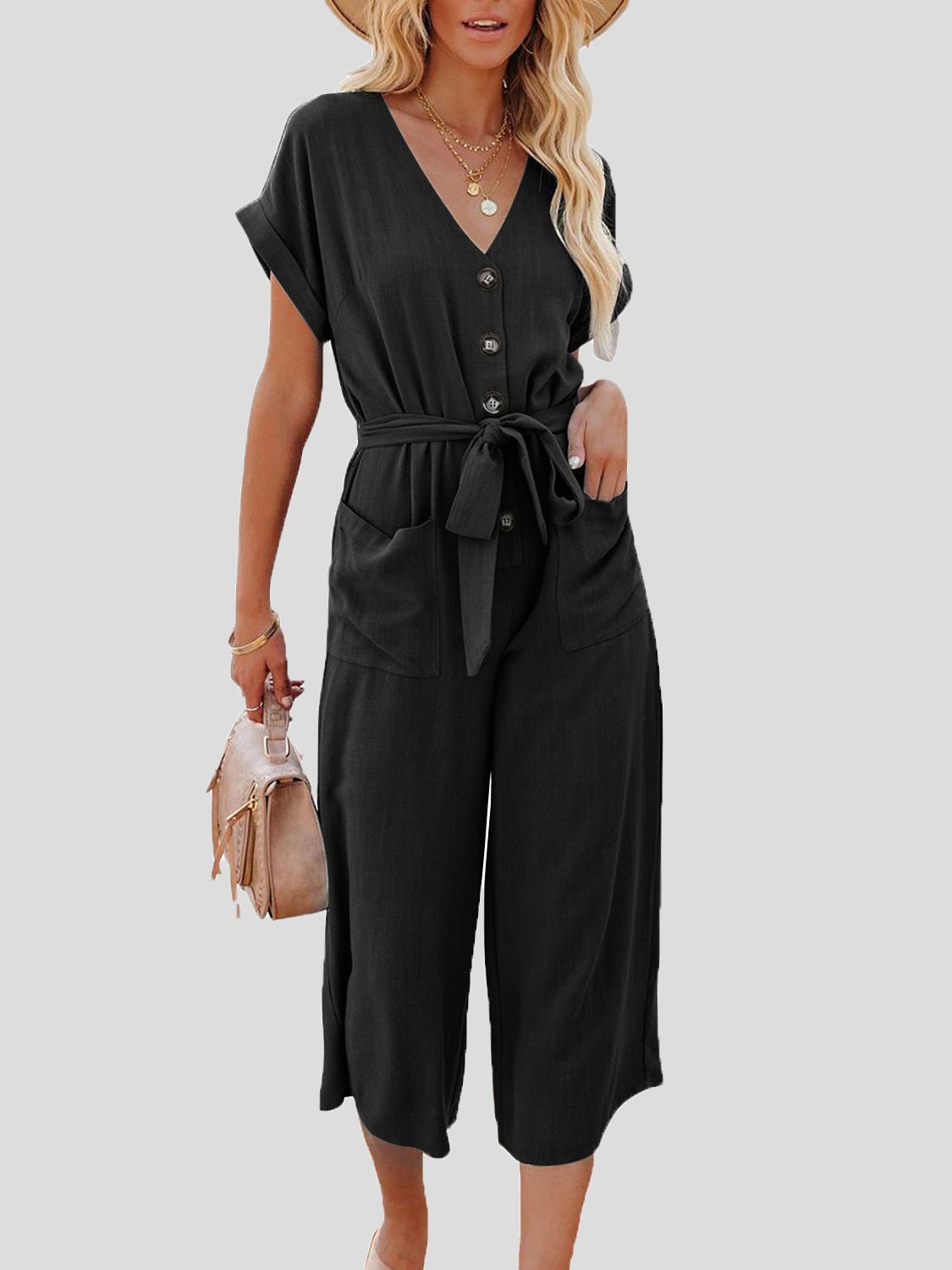 Casual V-Neck Belted Double Pocket Jumpsuit