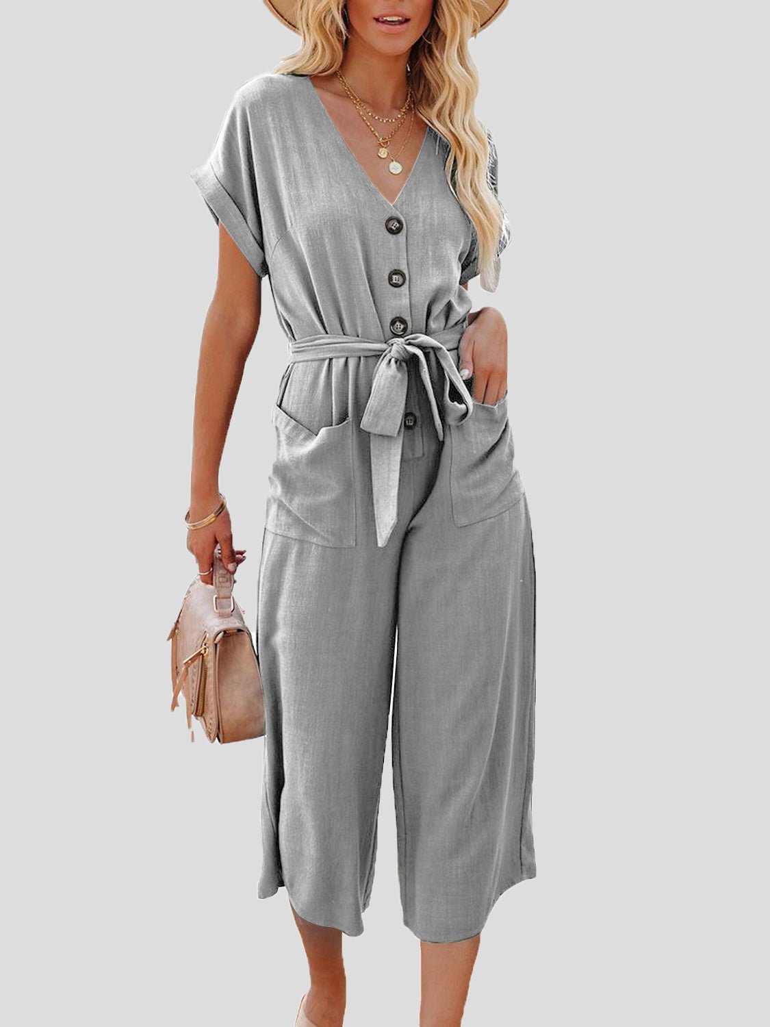 Casual V-Neck Belted Double Pocket Jumpsuit