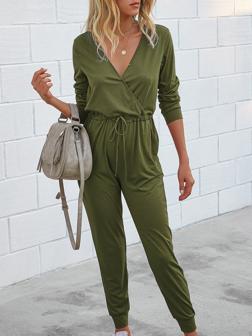 Deep V-Neck Long Sleeve Slim Fit Jumpsuit