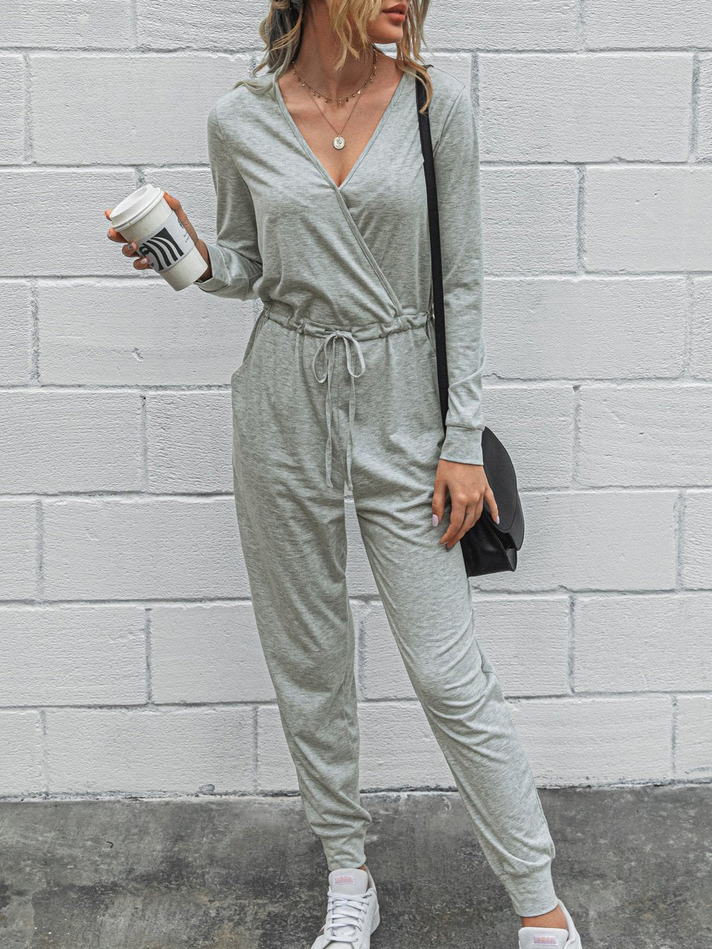 Deep V-Neck Long Sleeve Slim Fit Jumpsuit