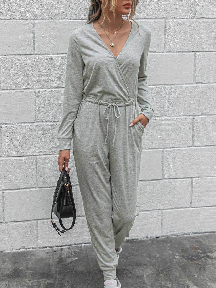 Deep V-Neck Long Sleeve Slim Fit Jumpsuit